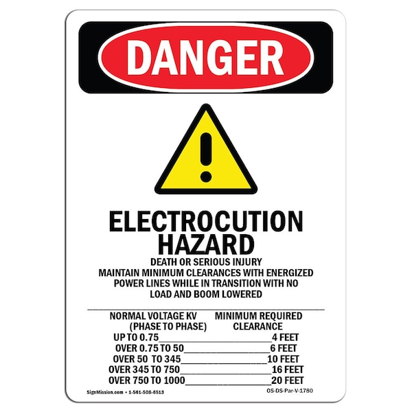 Safety Sign, OSHA Danger, 18" Height, Electrocution Hazard, Portrait, D-1218-V-1780